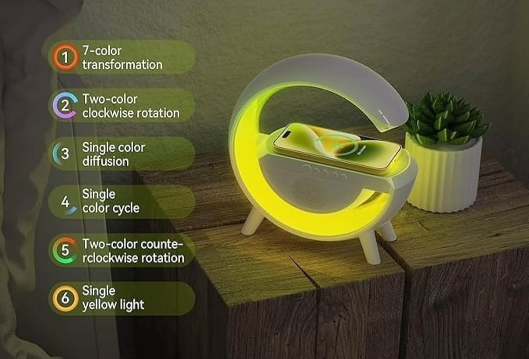 3-in-1 RGB LED Wireless Charging Speaker – Music Sync Ambient Light + Fast Qi Charger + Bluetooth Stereo Sound | Modern Bedside Lamp