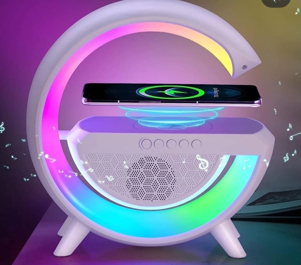 3-in-1 RGB LED Wireless Charging Speaker – Music Sync Ambient Light + Fast Qi Charger + Bluetooth Stereo Sound | Modern Bedside Lamp