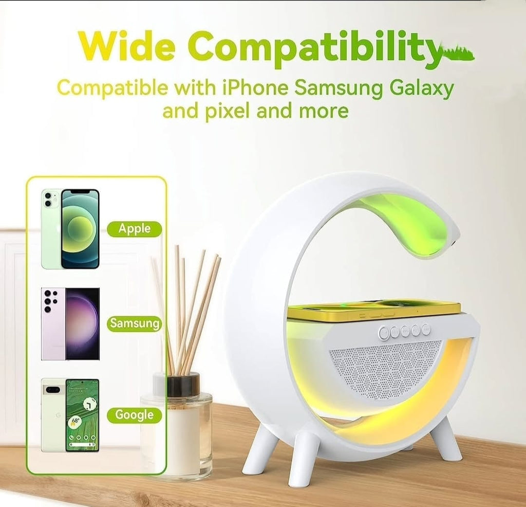3-in-1 RGB LED Wireless Charging Speaker – Music Sync Ambient Light + Fast Qi Charger + Bluetooth Stereo Sound | Modern Bedside Lamp