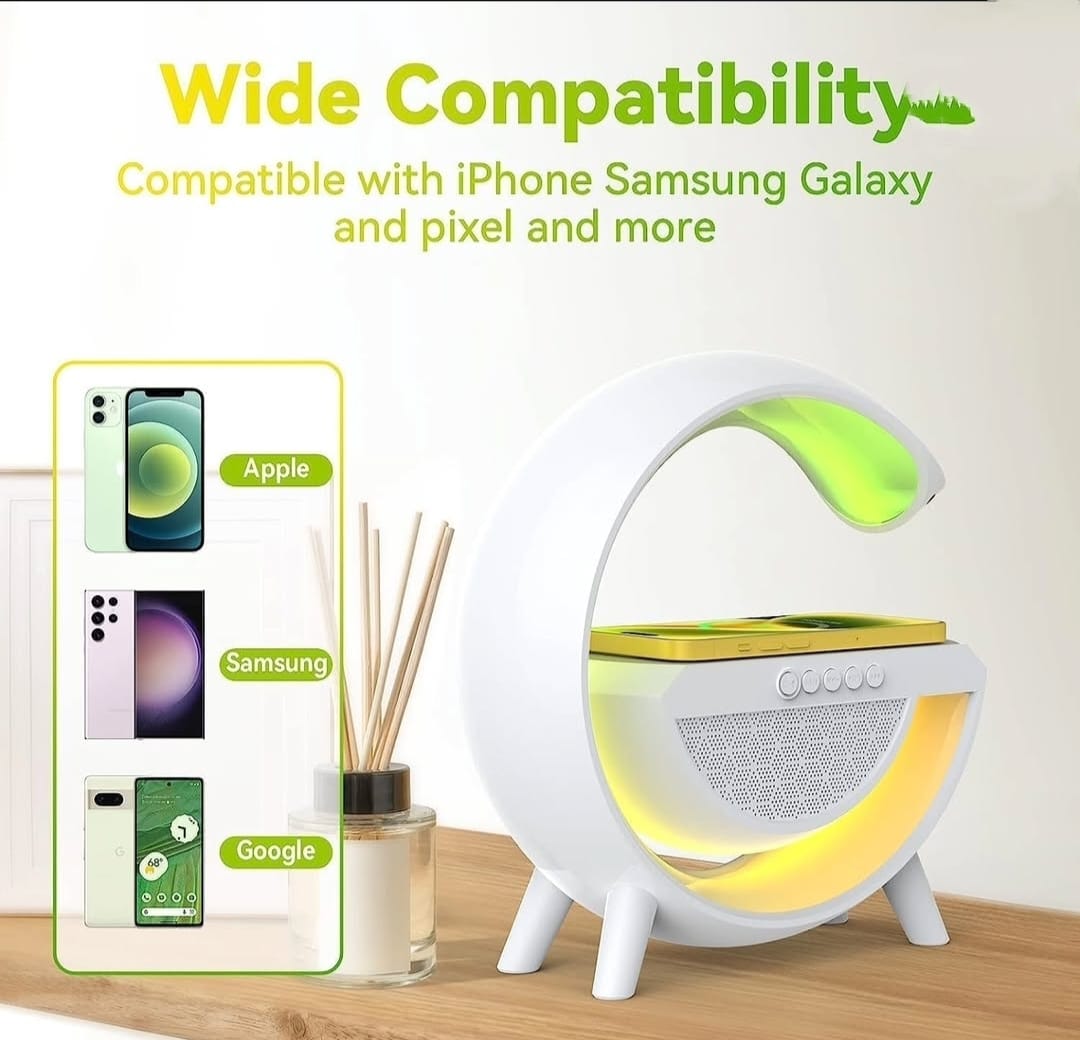 3-in-1 RGB LED Wireless Charging Speaker – Music Sync Ambient Light + Fast Qi Charger + Bluetooth Stereo Sound | Modern Bedside Lamp