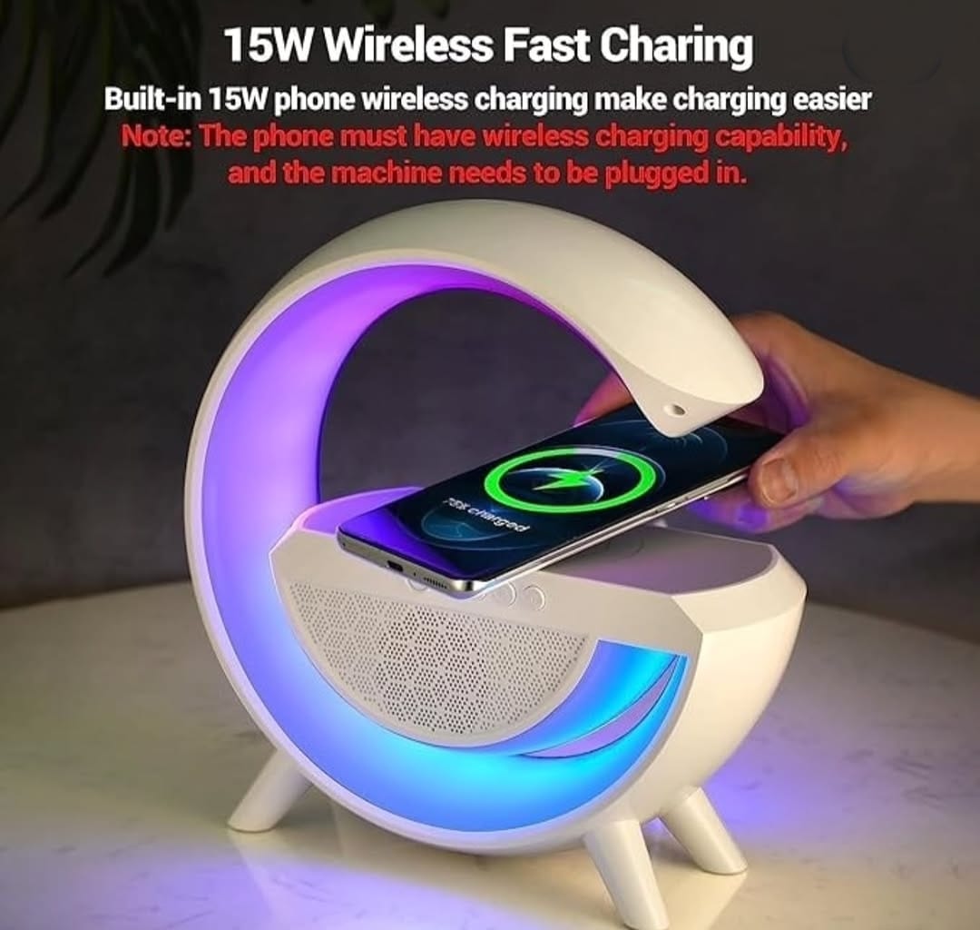 3-in-1 RGB LED Wireless Charging Speaker – Music Sync Ambient Light + Fast Qi Charger + Bluetooth Stereo Sound | Modern Bedside Lamp