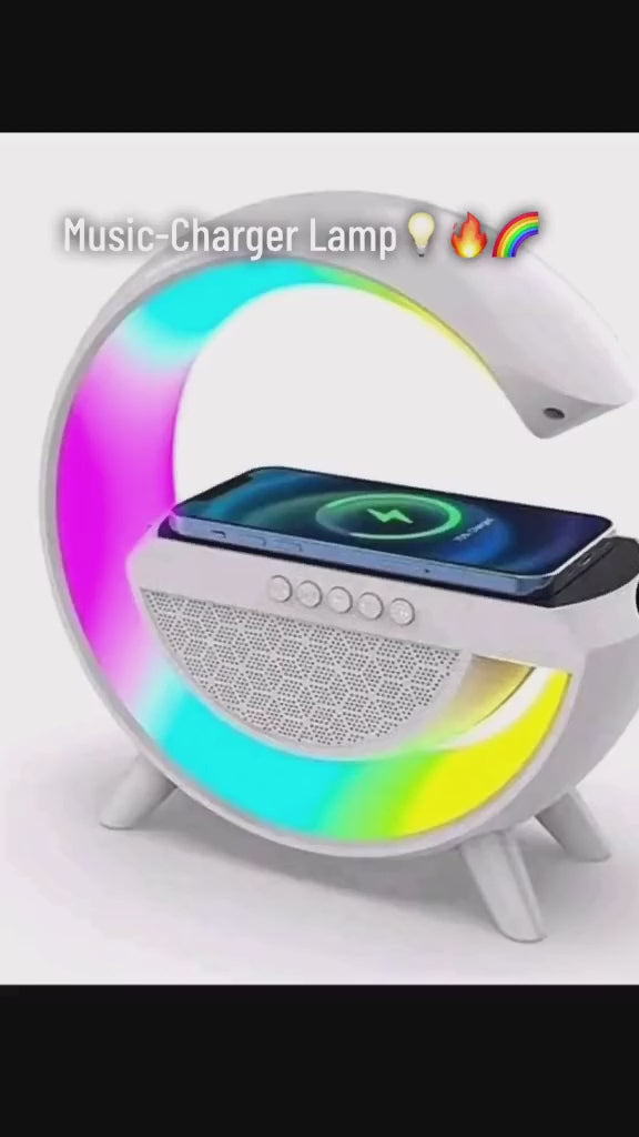3-in-1 RGB LED Wireless Charging Speaker – Music Sync Ambient Light + Fast Qi Charger + Bluetooth Stereo Sound | Modern Bedside Lamp
